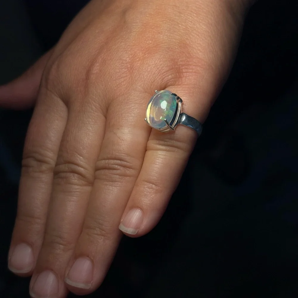 Handmade 925 Sterling Silver Australian Opal Ring 4 Carat Size 5.5